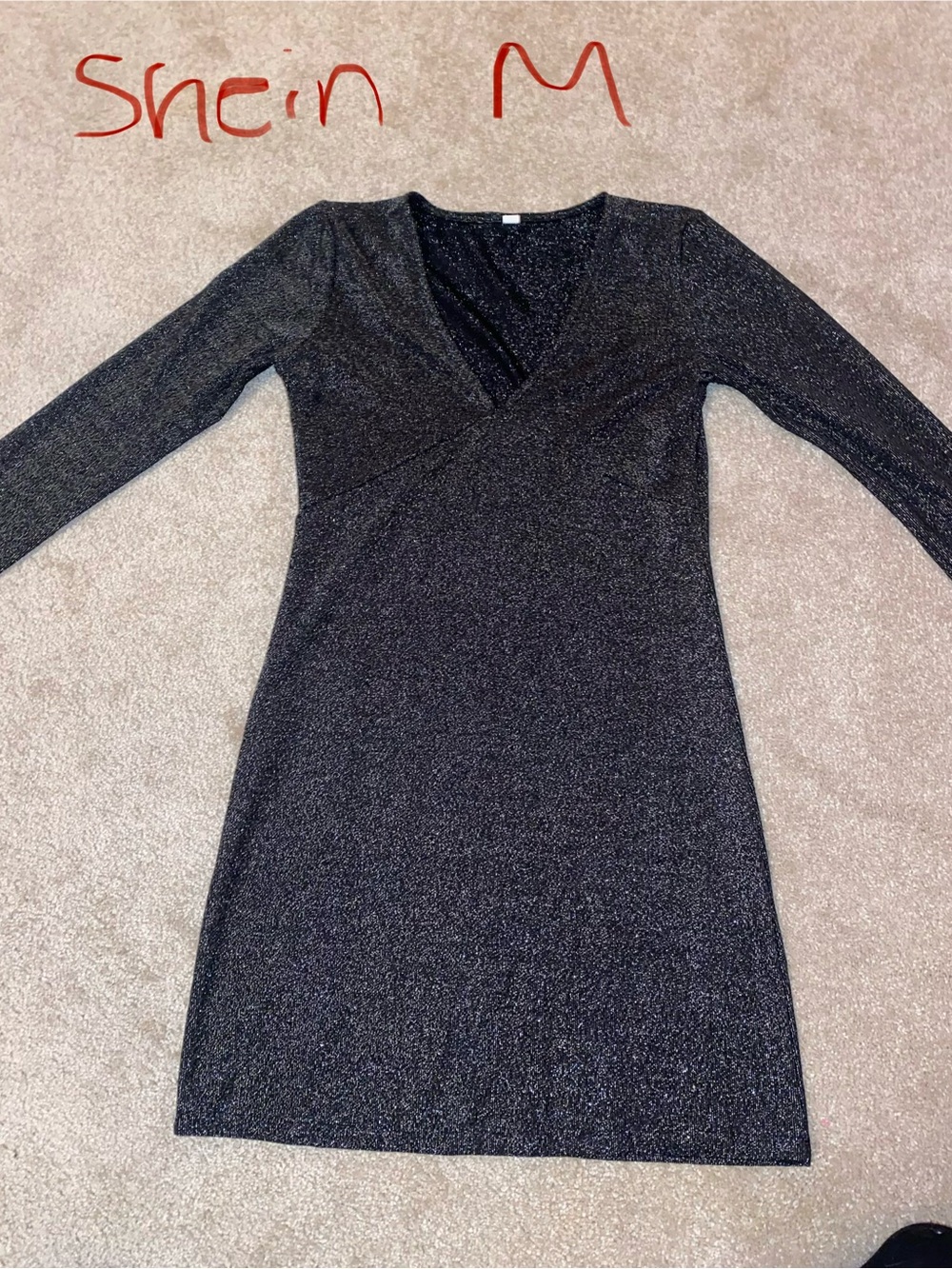 SHEIN Black Sparkle Long Sleeve V-Neck Dress
